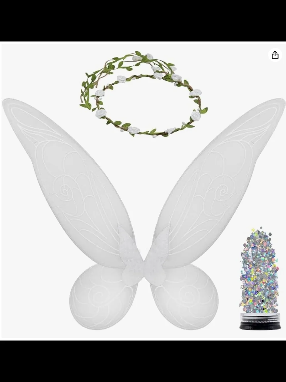 White Fairy Wings Costume Set with Flower Crown and Glitter For Girls/Women